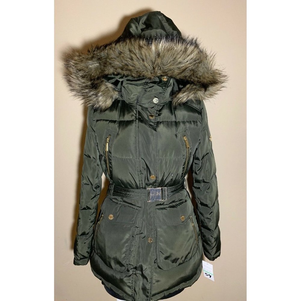 NEW Michael Kors Women's petite M PM Belted Down Coat dark forest green fur hood